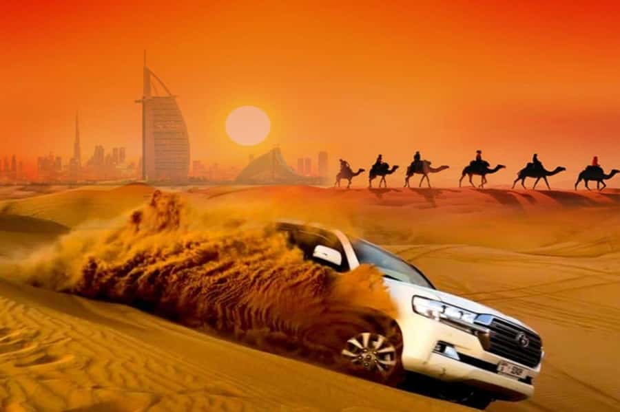 Dubai: Desert Safari Camel Riding, Sandboarding & BBQ Dinner - From Dubai streets to open desert