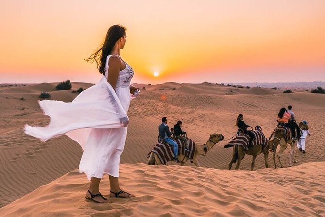 Evening Desert Safari & BBQ With Live Shows,Camel Ride,Falcon pic - Pickup from Dubai in a shared 4x4