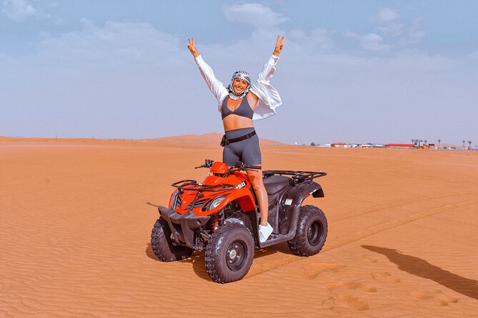 Sunset Desert Safari Quad bike Camel ride Sand Board & BBQ Dinner - Lahbab: quad bikes, high dunes, and open views